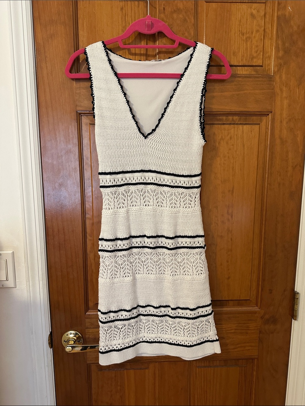 Abercrombie & Fitch White Crochet Midi Dress with Black Trim